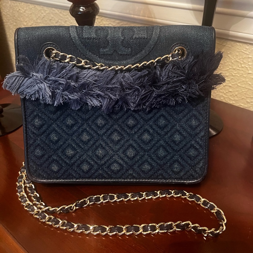Tory Burch Fleming Denim Quilted Crossbody/Shoulder Chain Bag